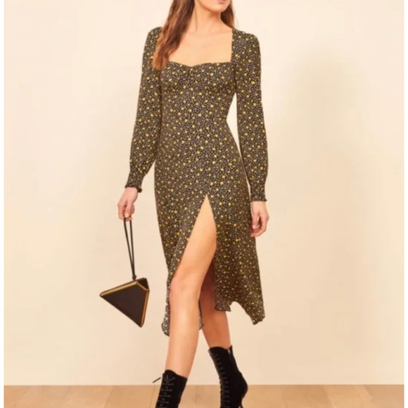 NEW! Reformation 10 Daisy Hunt Midi Dress Long Sleeve Dark Floral Black Yellow - Picture 4 of 9